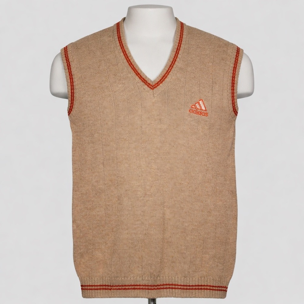 Vintage Adidas Shetland Wool Cable Knit Trefoil Sweater Vest‎ Tan Rust Stripe